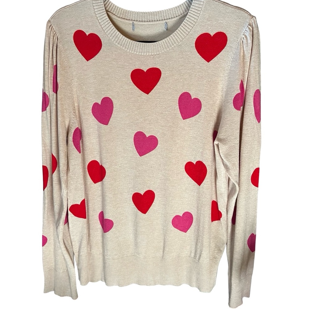 Marled Cream Sweater with Red and Pink Hearts